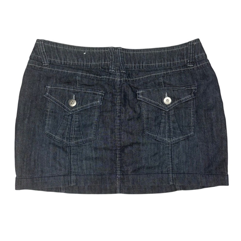 SO Dark Wash Denim Mini Skirt Low Rise Contrast Stitch Size 7 Y2K Retro